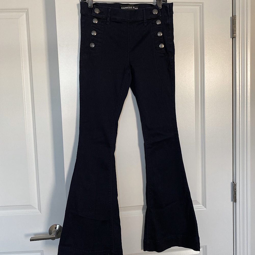 Express Bell Flare Dark Wash Mid-Rise Side Zip Jeans w/ Button Details - Size 6